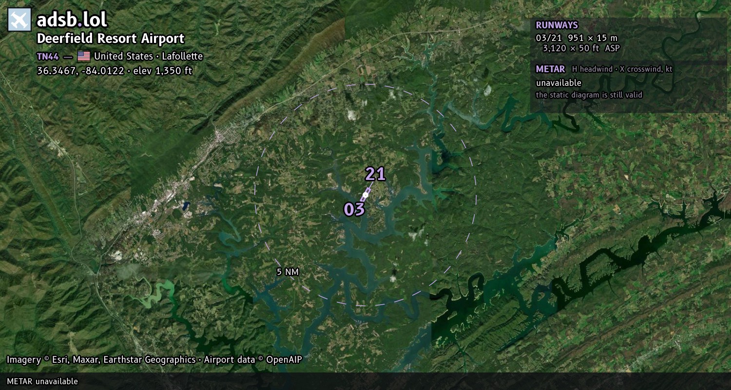 Satellite map with the runway layout of Deerfield Resort Airport (TN44)