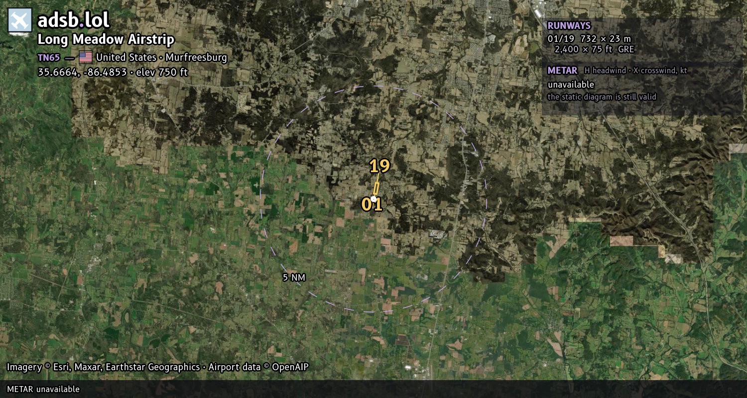 Satellite map with the runway layout of Long Meadow Airstrip (TN65)