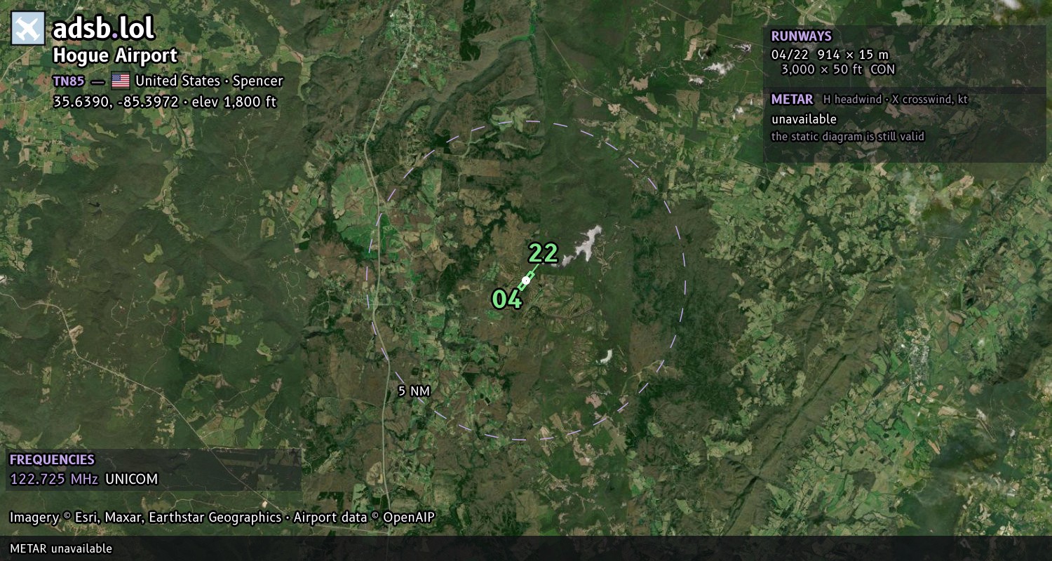 Satellite map with the runway layout of Hogue Airport (TN85)