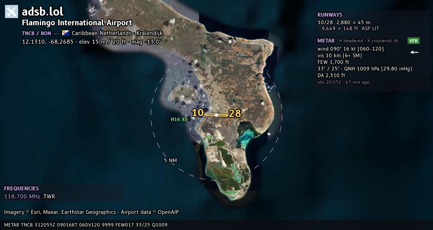 Satellite map with the runway layout of Flamingo International Airport (TNCB)