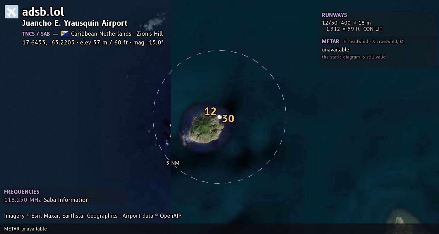 Satellite map with the runway layout of Juancho E. Yrausquin Airport (TNCS)