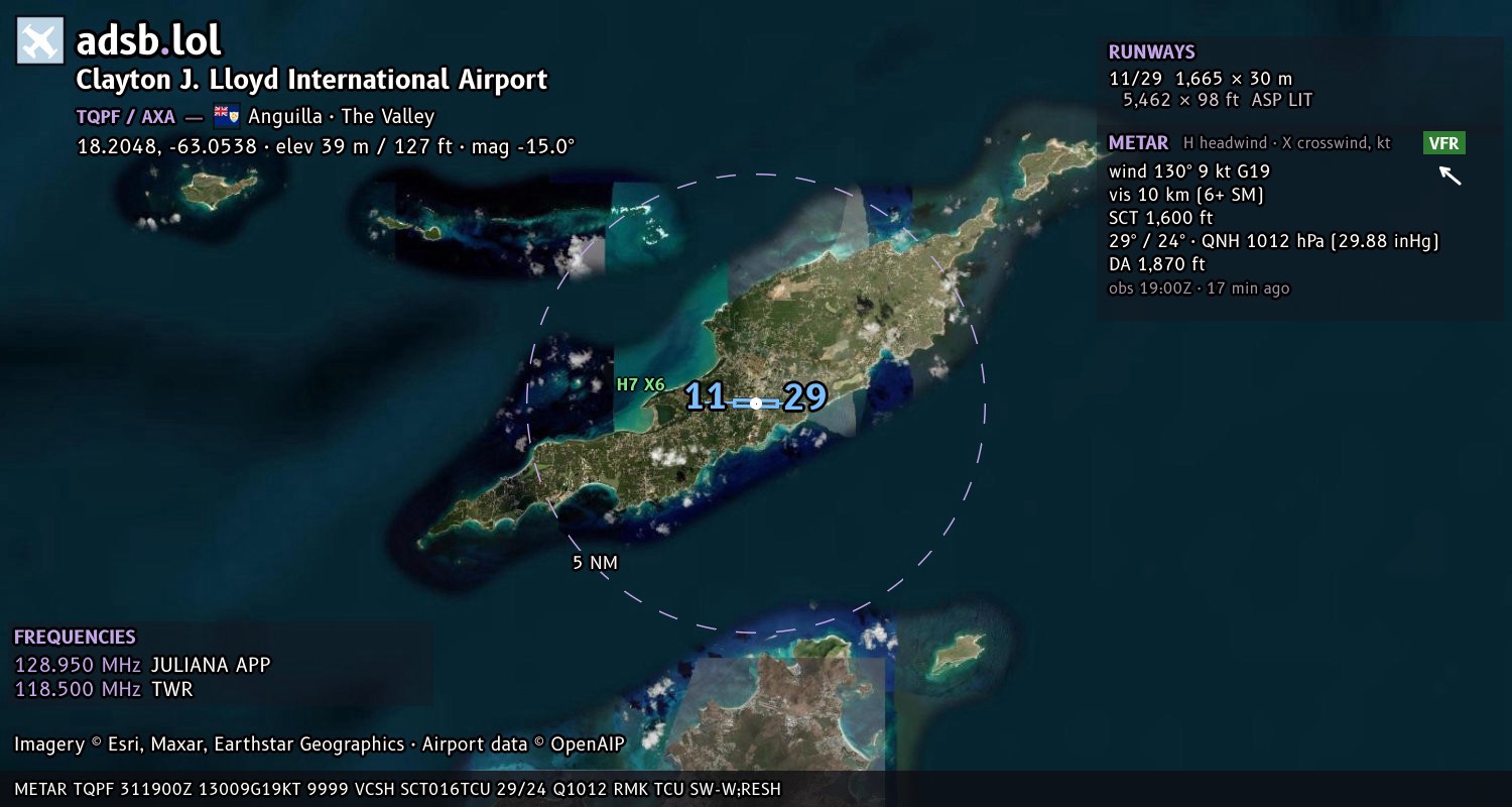 Satellite map with the runway layout of Clayton J. Lloyd International Airport (TQPF)