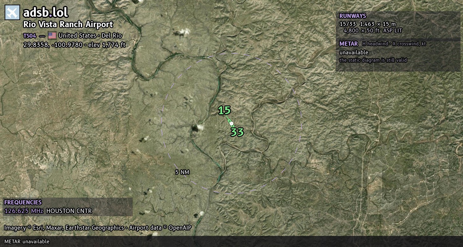Satellite map with the runway layout of Rio Vista Ranch Airport (TS04)
