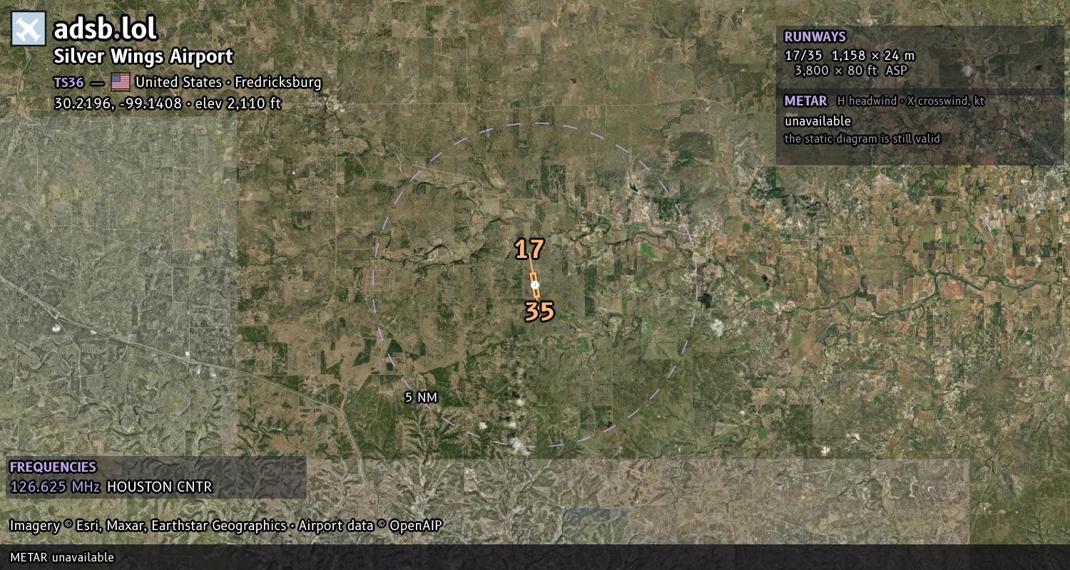 Satellite map with the runway layout of Silver Wings Airport (TS36)