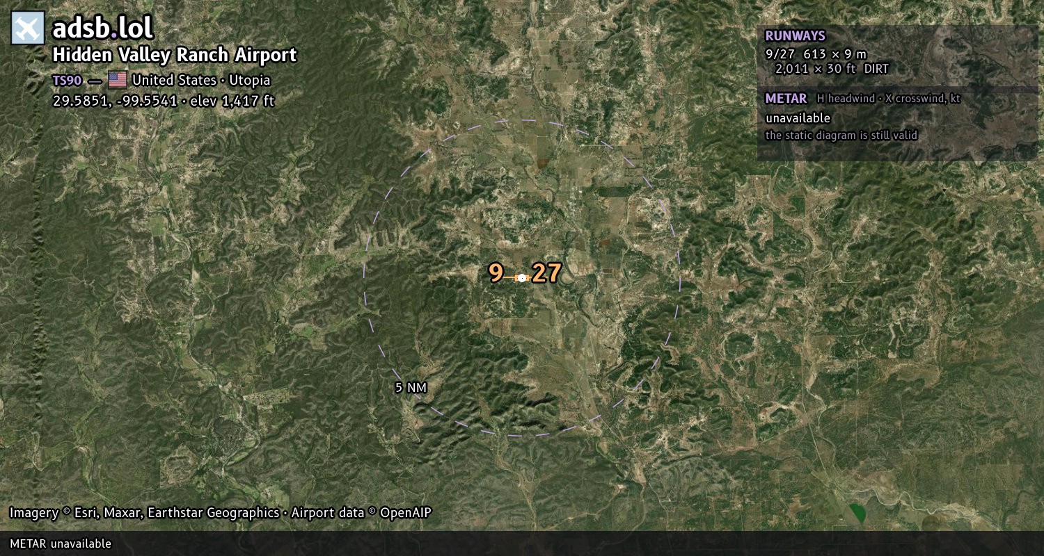 Satellite map with the runway layout of Hidden Valley Ranch Airport (TS90)