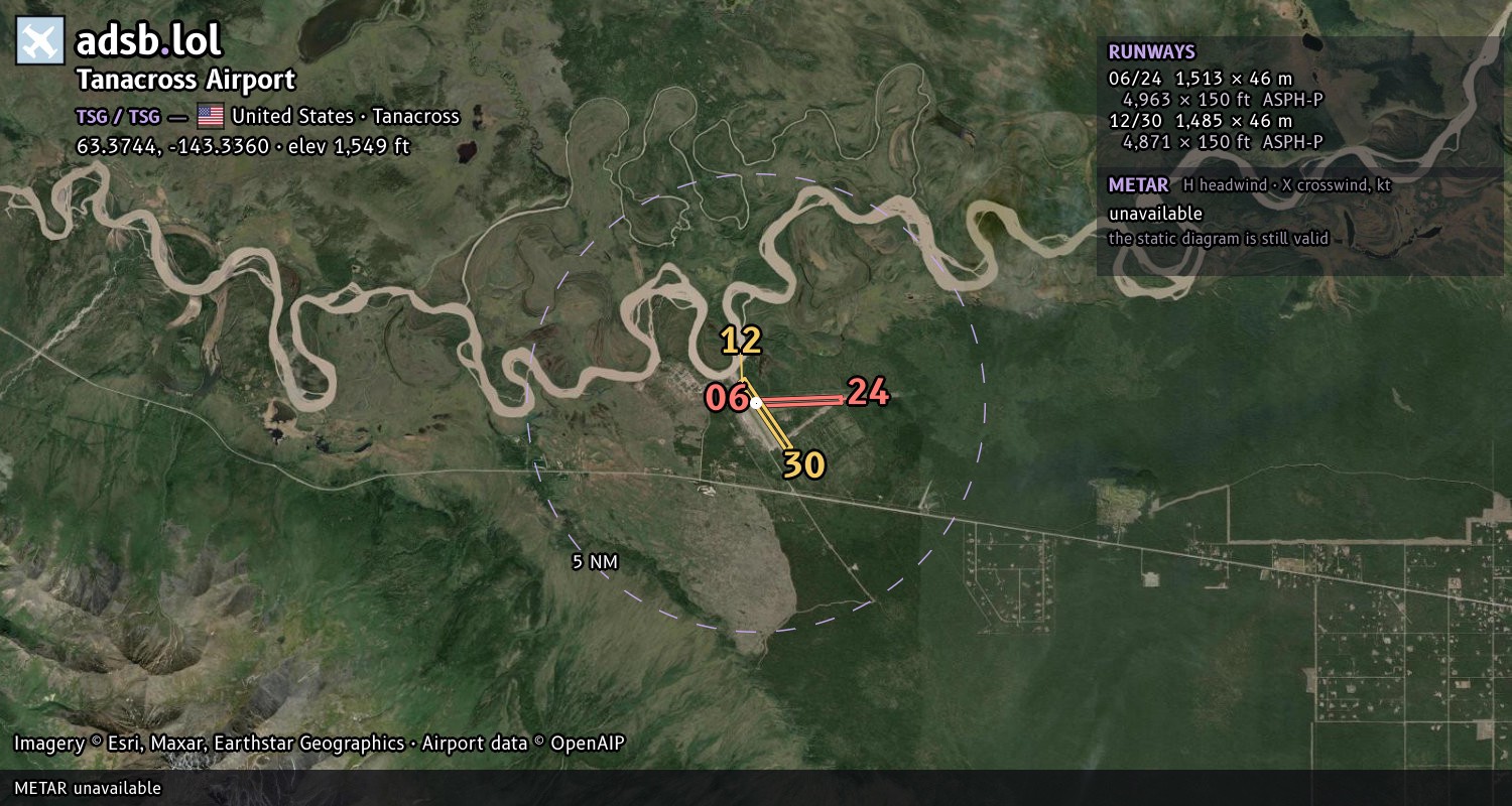 Satellite map with the runway layout of Tanacross Airport (TSG)
