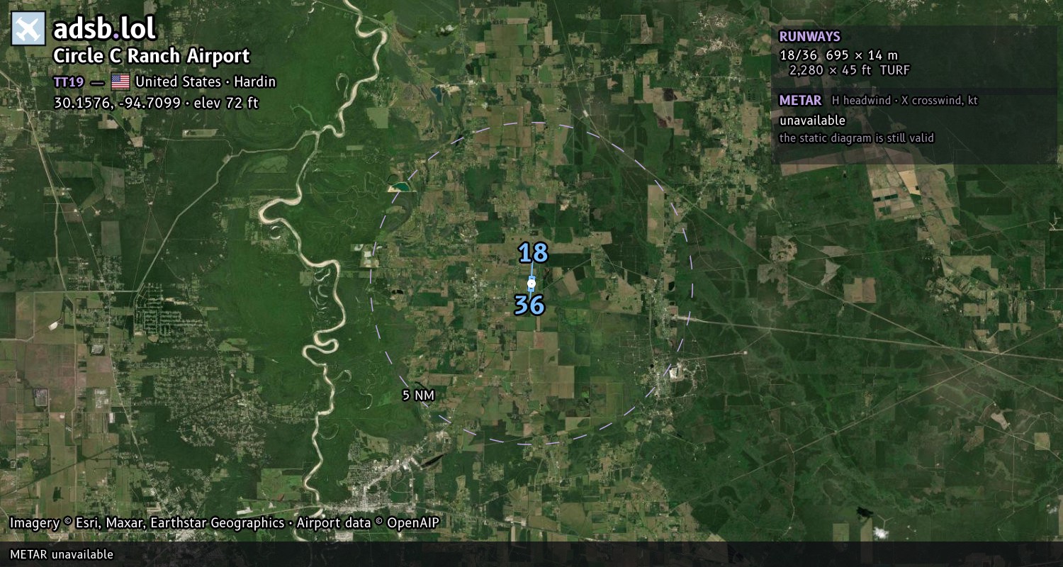 Satellite map with the runway layout of Circle C Ranch Airport (TT19)