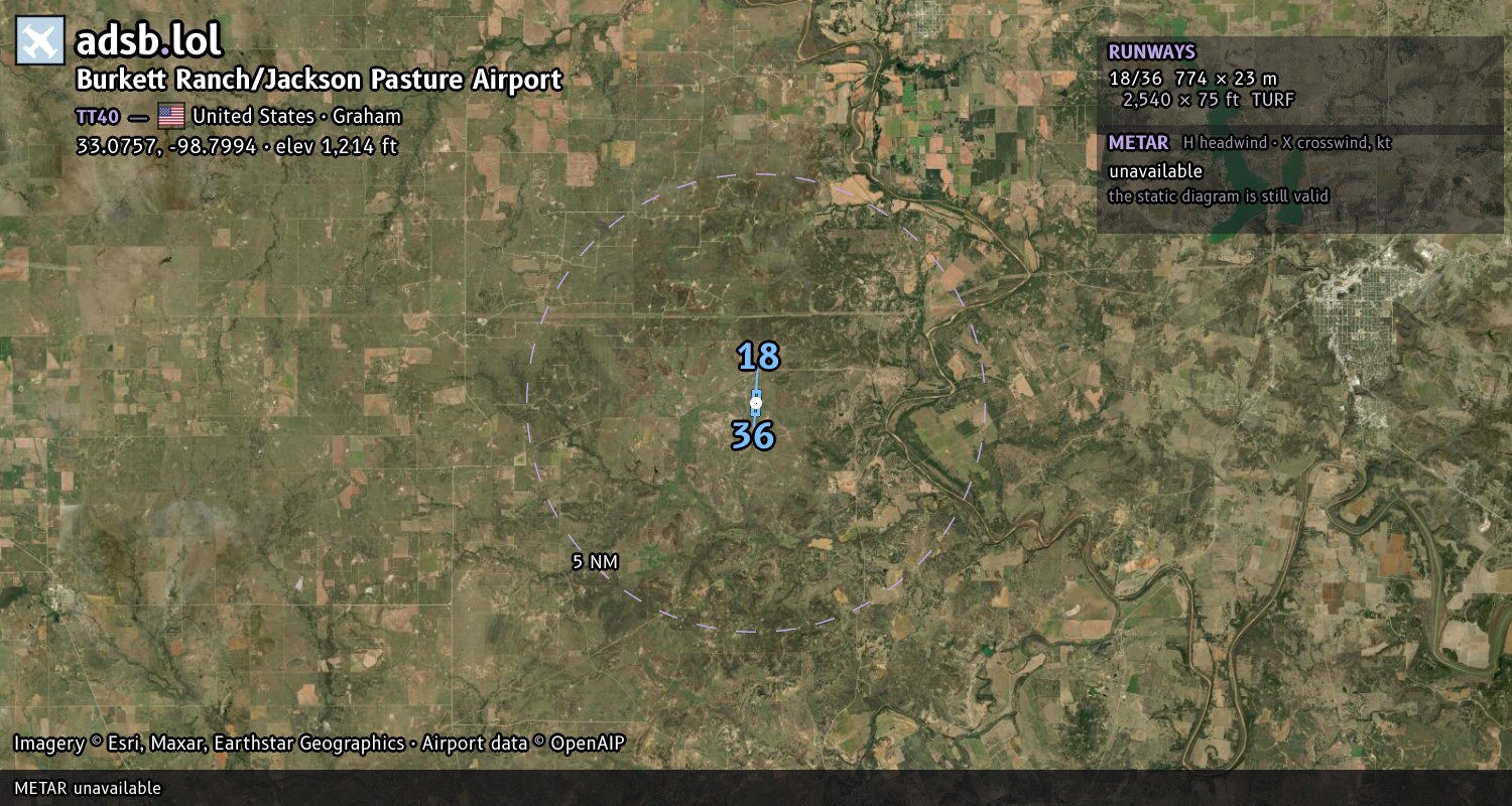 Satellite map with the runway layout of Burkett Ranch/Jackson Pasture Airport (TT40)