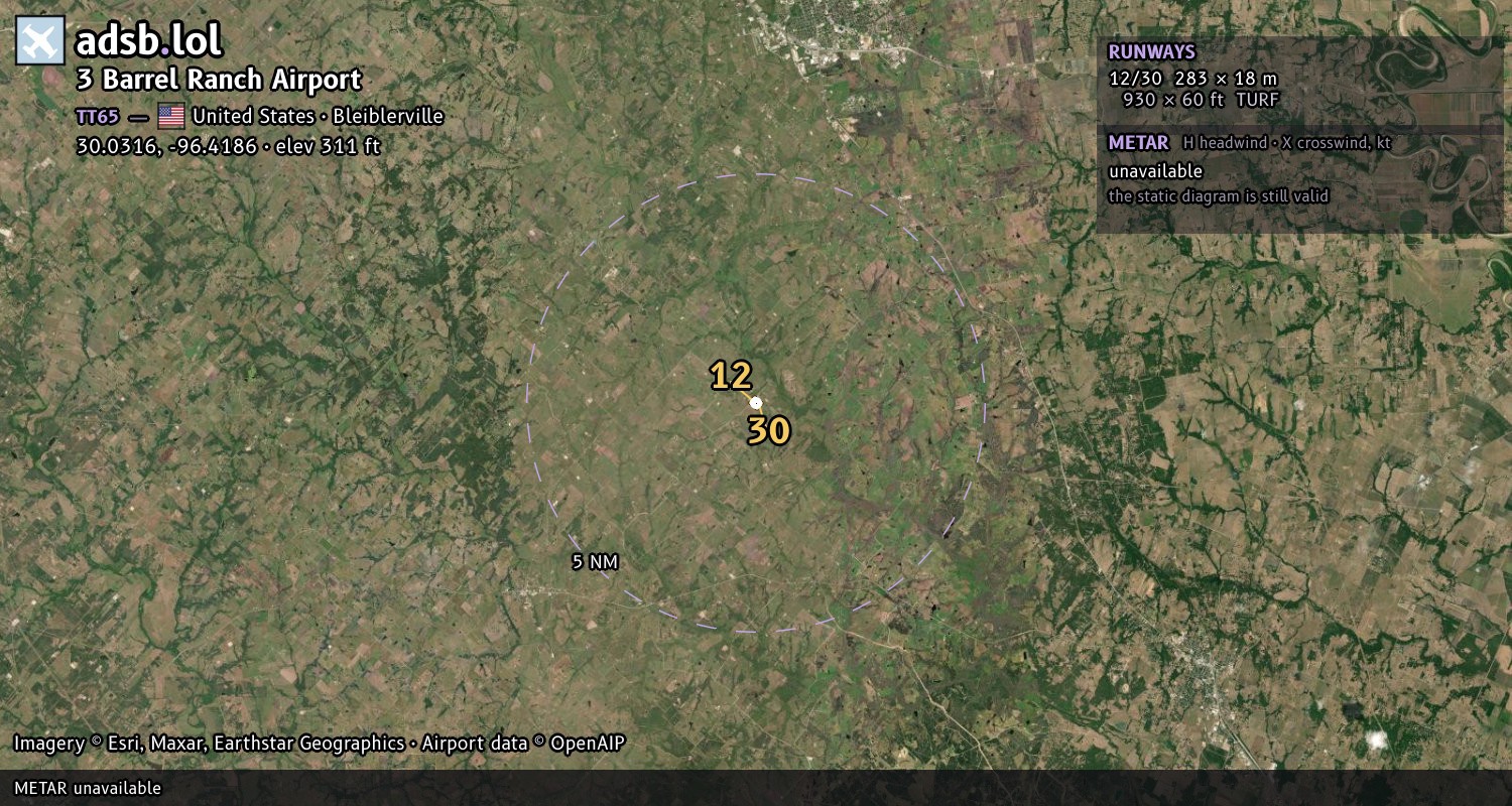 Satellite map with the runway layout of 3 Barrel Ranch Airport (TT65)