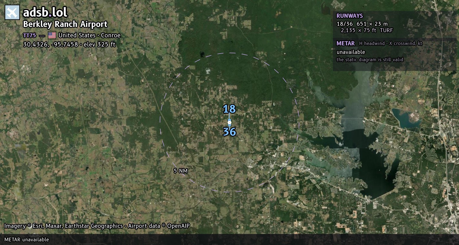 Satellite map with the runway layout of Berkley Ranch Airport (TT75)