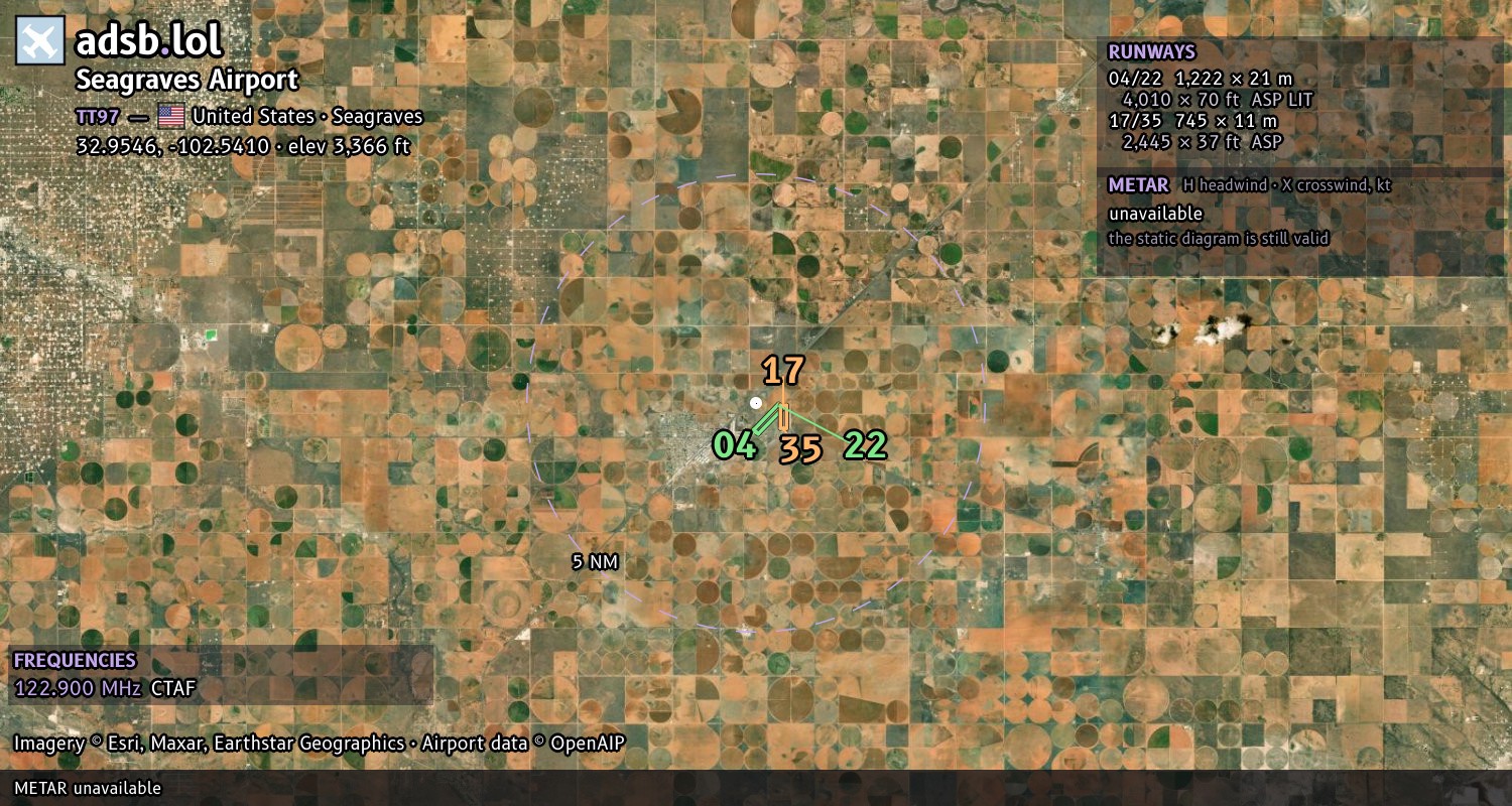 Satellite map with the runway layout of Seagraves Airport (TT97)