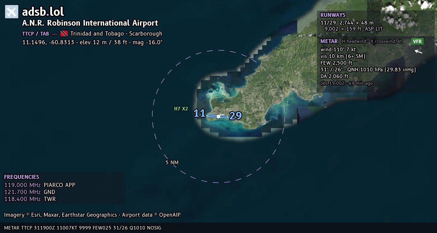 Satellite map with the runway layout of A.N.R. Robinson International Airport (TTCP)