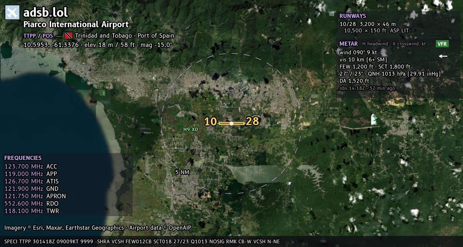 Satellite map with the runway layout of Piarco International Airport (TTPP)
