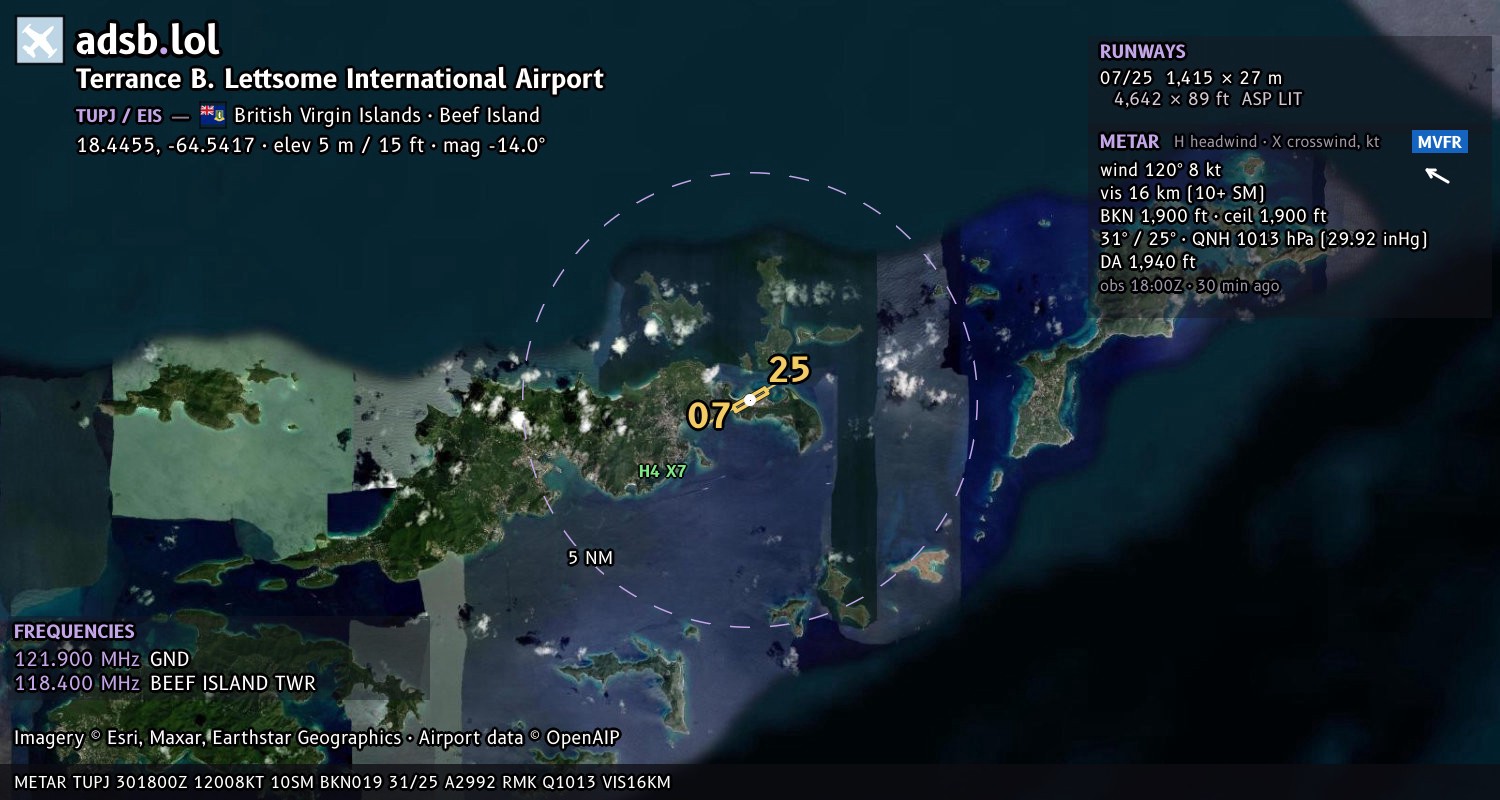 Satellite map with the runway layout of Terrance B. Lettsome International Airport (TUPJ)