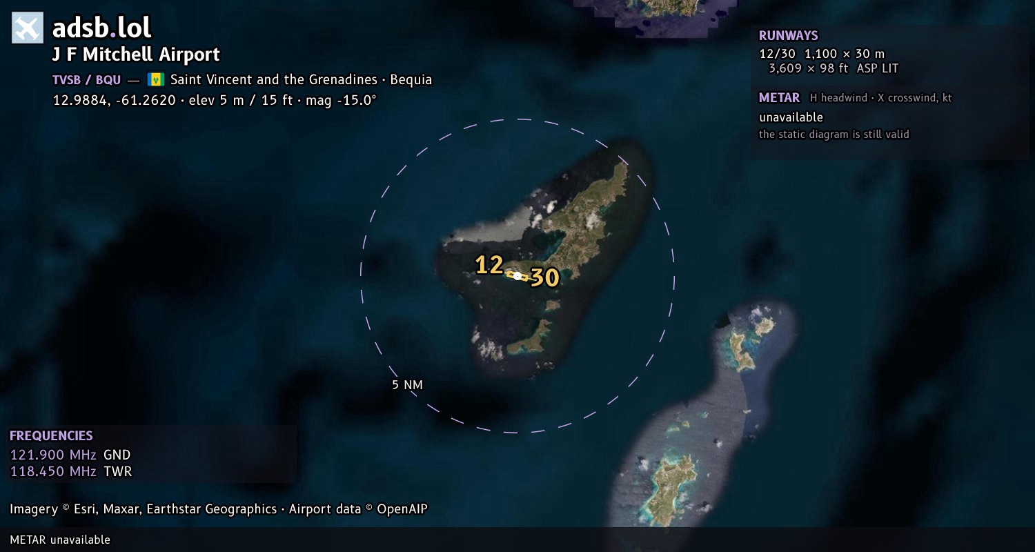 Satellite map with the runway layout of J F Mitchell Airport (TVSB)