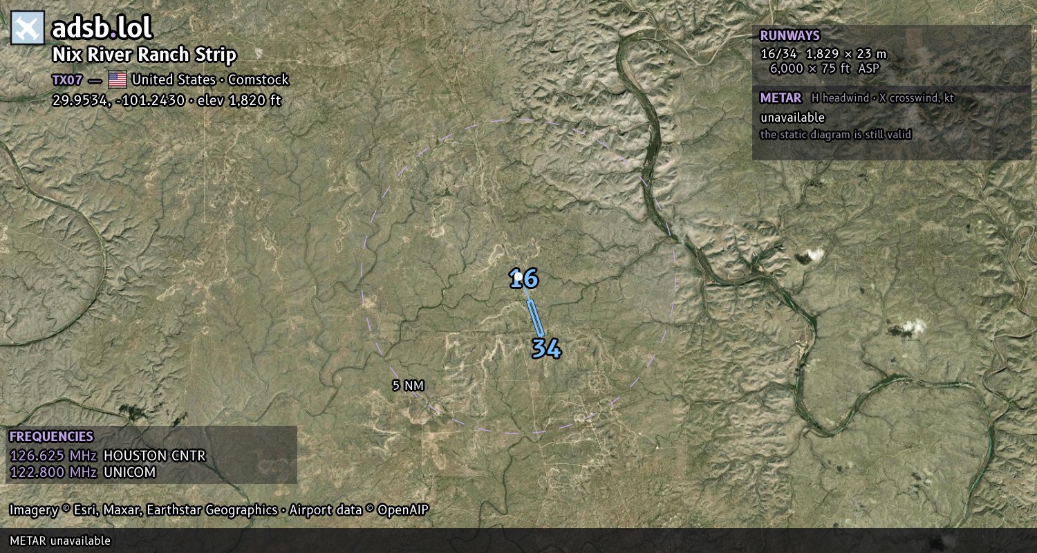 Satellite map with the runway layout of Nix River Ranch Strip (TX07)