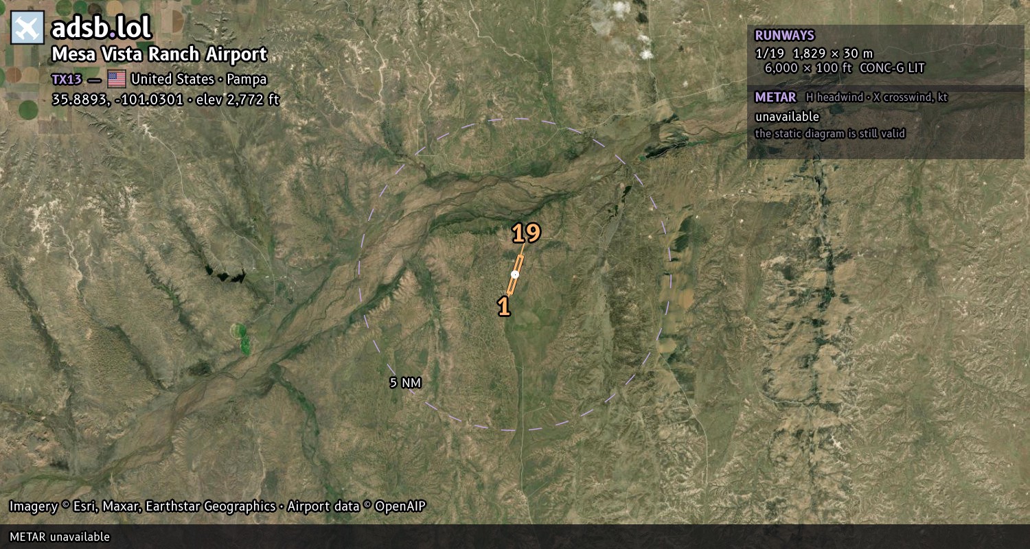 Satellite map with the runway layout of Mesa Vista Ranch Airport (TX13)