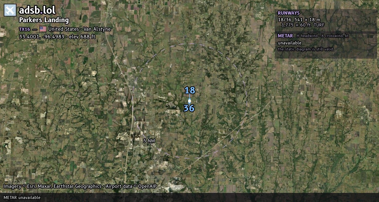 Satellite map with the runway layout of Parkers Landing (TX16)