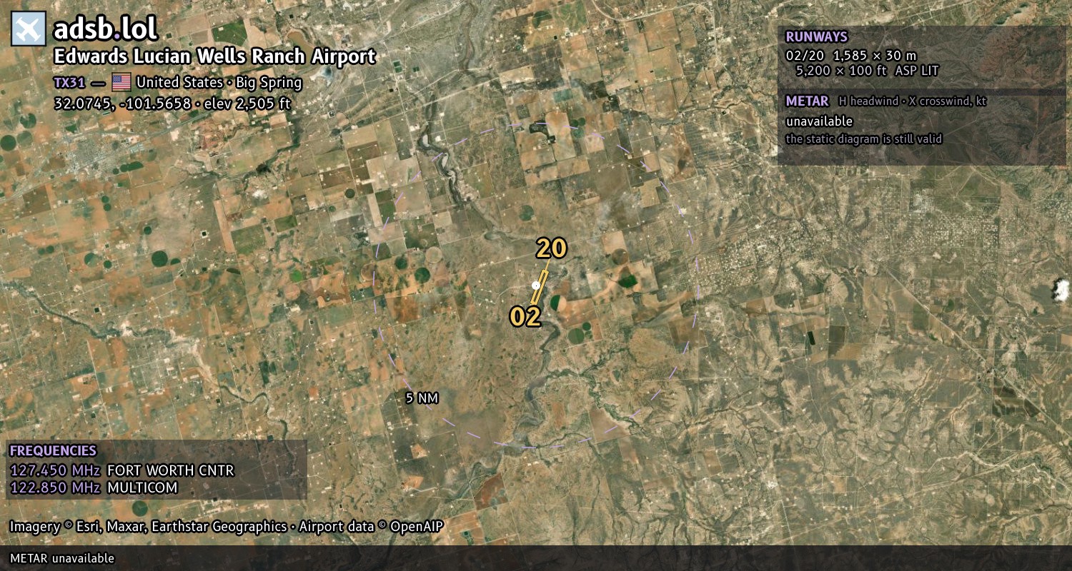 Satellite map with the runway layout of Edwards Lucian Wells Ranch Airport (TX31)
