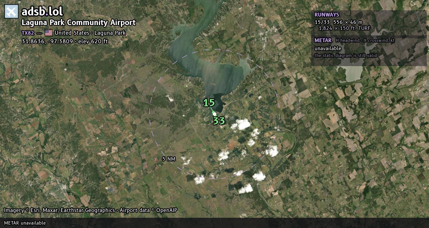 Satellite map with the runway layout of Laguna Park Community Airport (TX82)