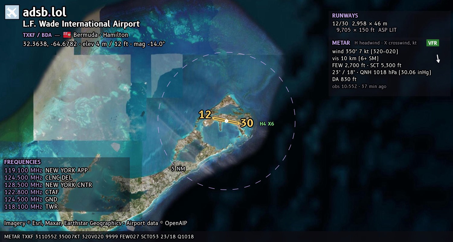 Satellite map with the runway layout of L.F. Wade International Airport (TXKF)