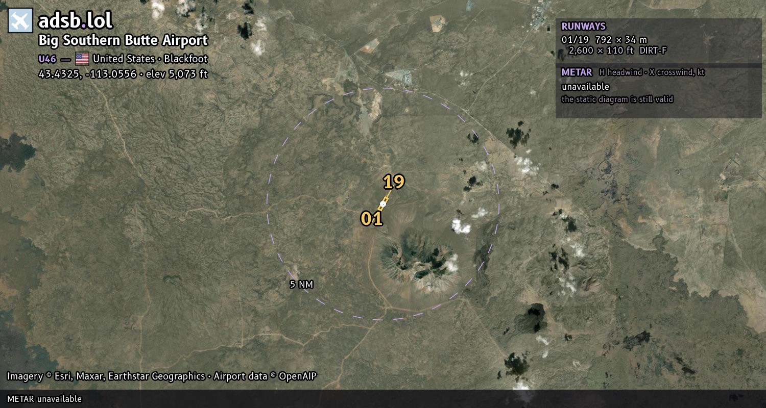 Satellite map with the runway layout of Big Southern Butte Airport (U46)