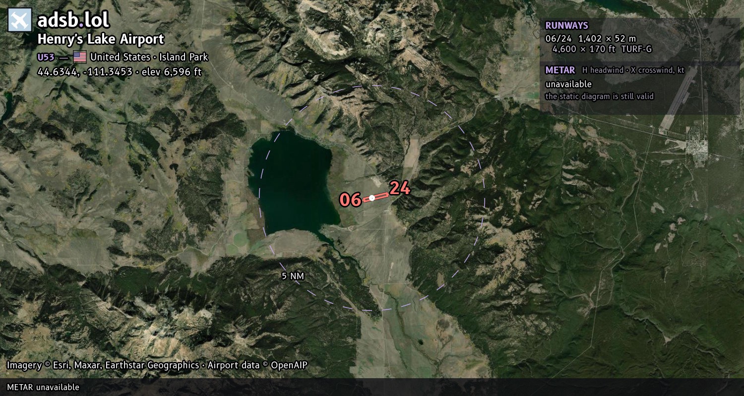 Satellite map with the runway layout of Henry's Lake Airport (U53)