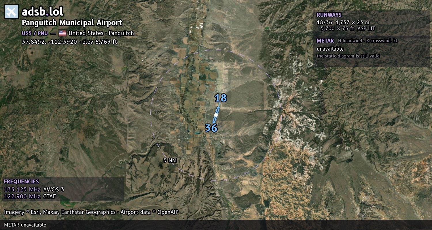 Satellite map with the runway layout of Panguitch Municipal Airport (U55)