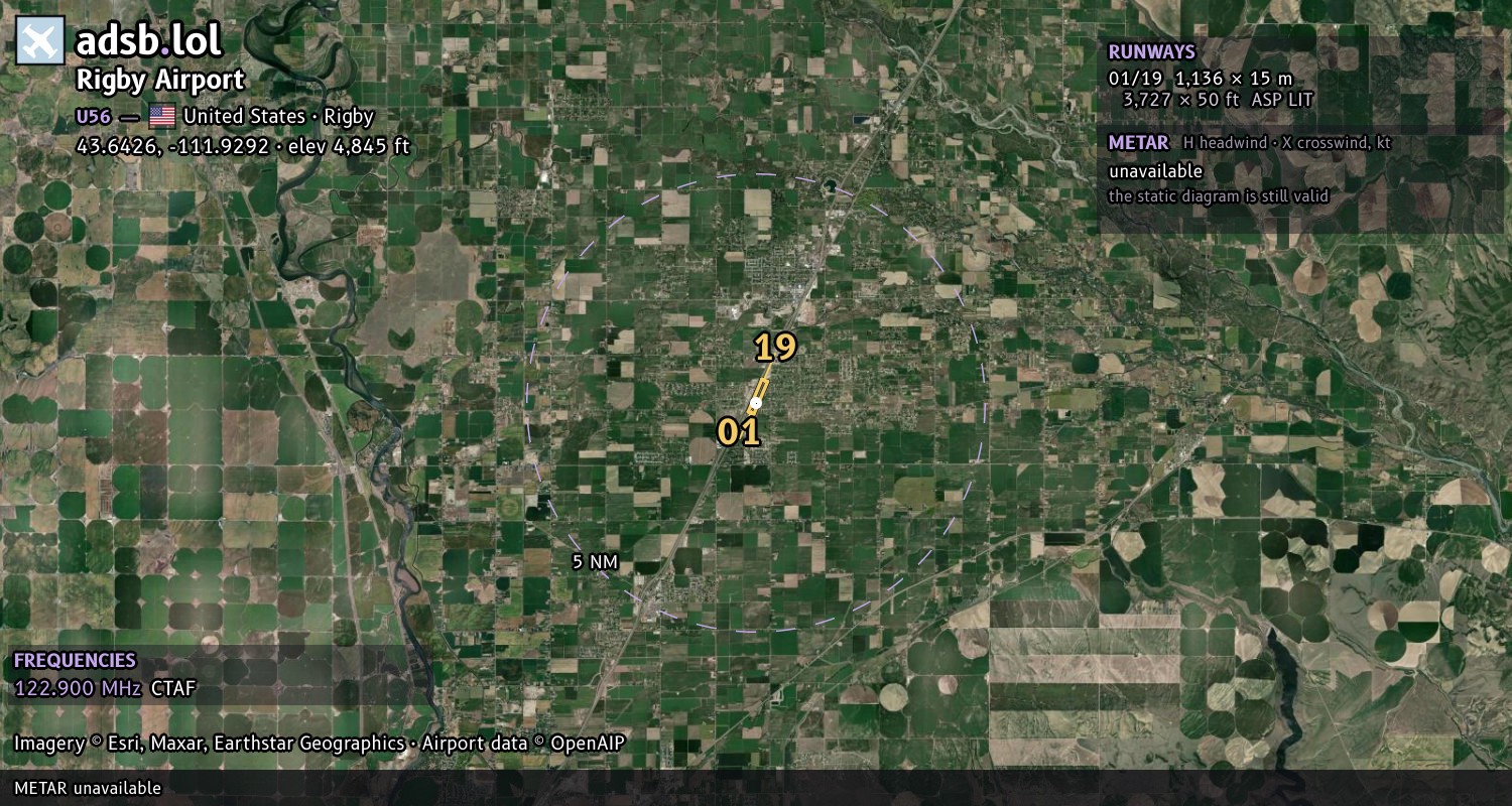 Satellite map with the runway layout of Rigby Airport (U56)