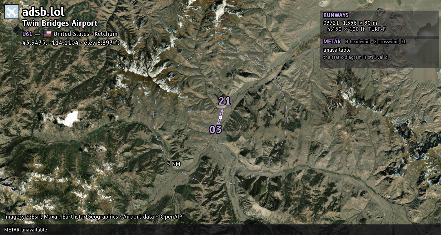 Satellite map with the runway layout of Twin Bridges Airport (U61)