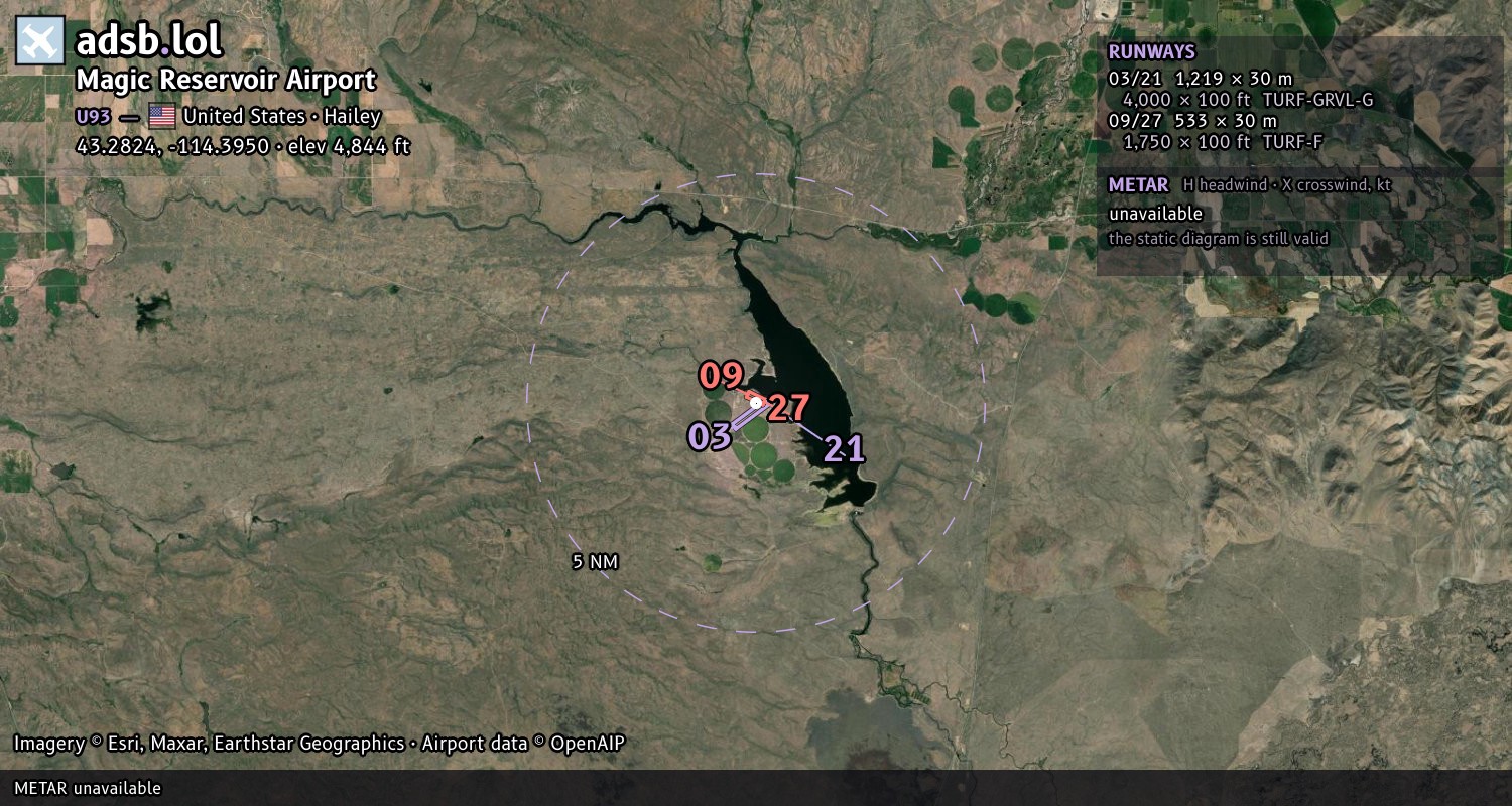 Satellite map with the runway layout of Magic Reservoir Airport (U93)