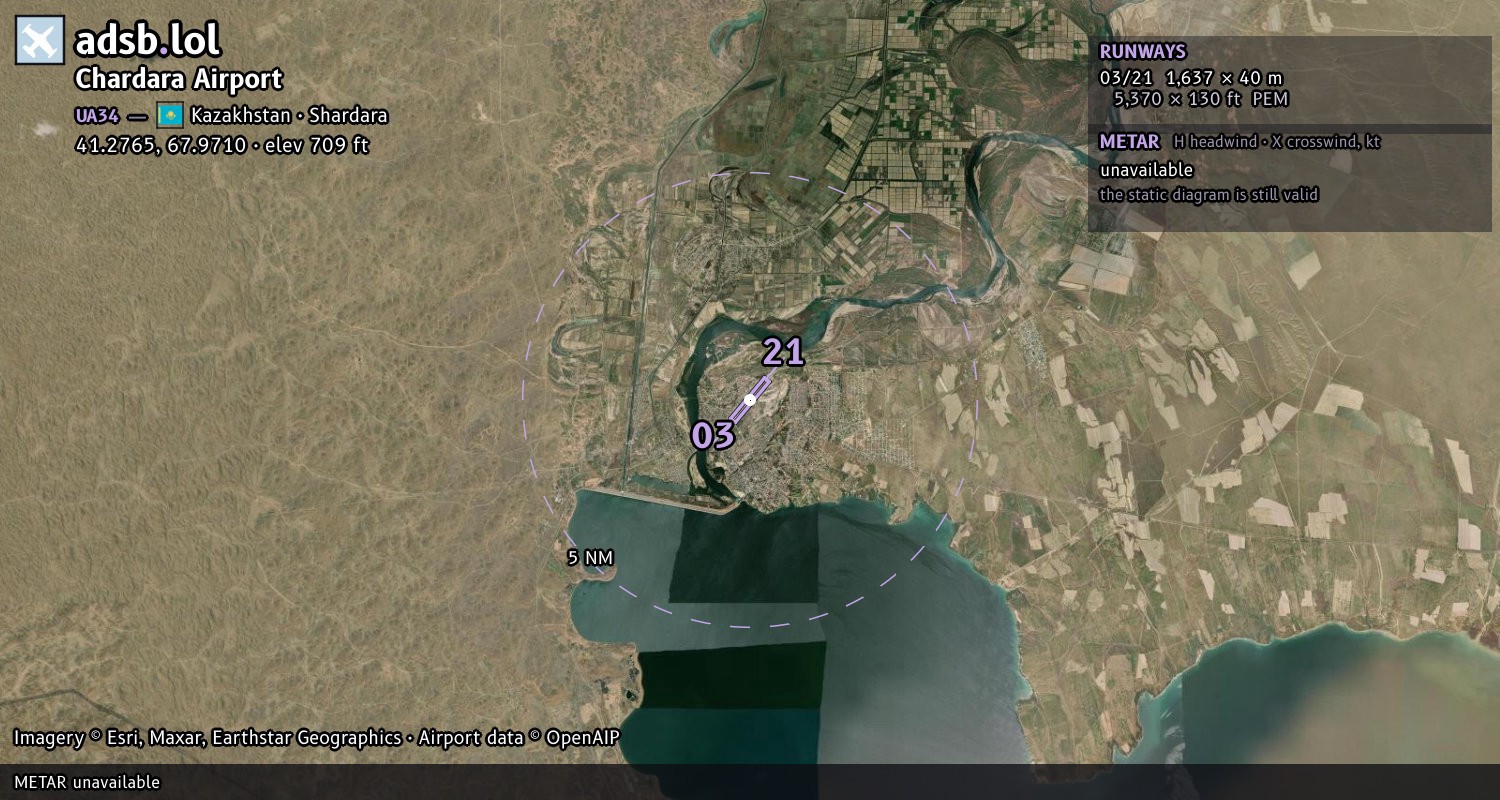 Satellite map with the runway layout of Chardara Airport (UA34)