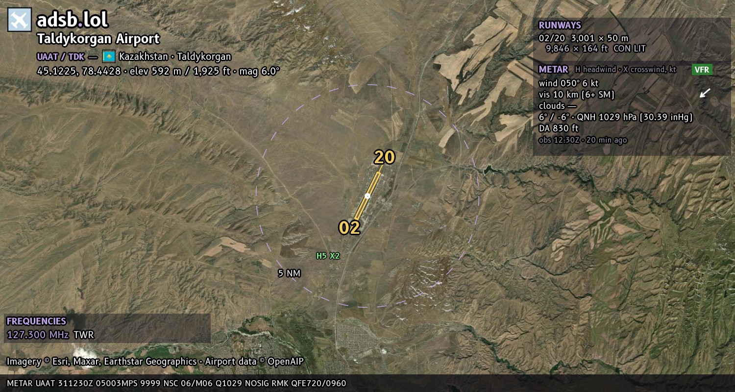 Satellite map with the runway layout of Taldykorgan Airport (UAAT)