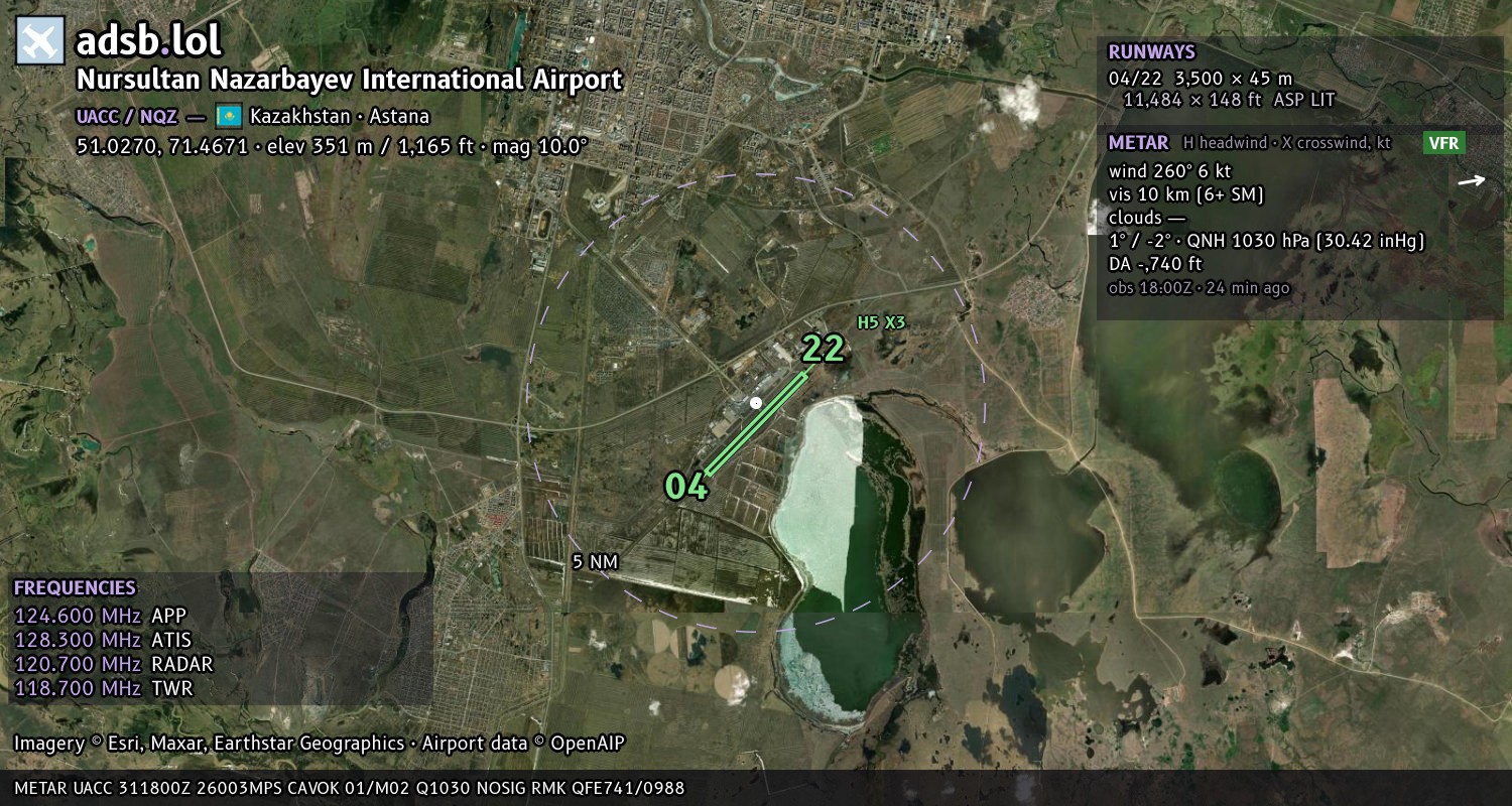 Satellite map with the runway layout of Nursultan Nazarbayev International Airport (UACC)