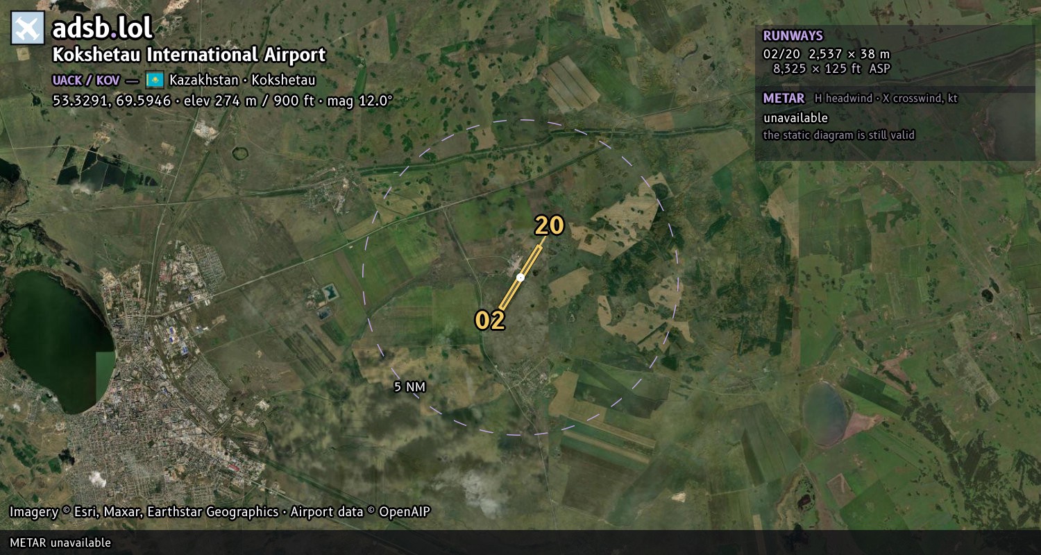 Satellite map with the runway layout of Kokshetau International Airport (UACK)
