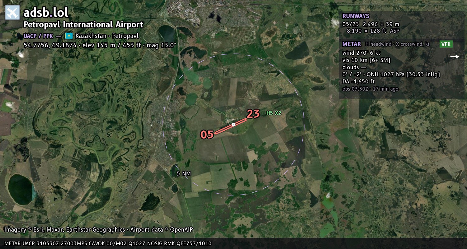 Satellite map with the runway layout of Petropavl International Airport (UACP)