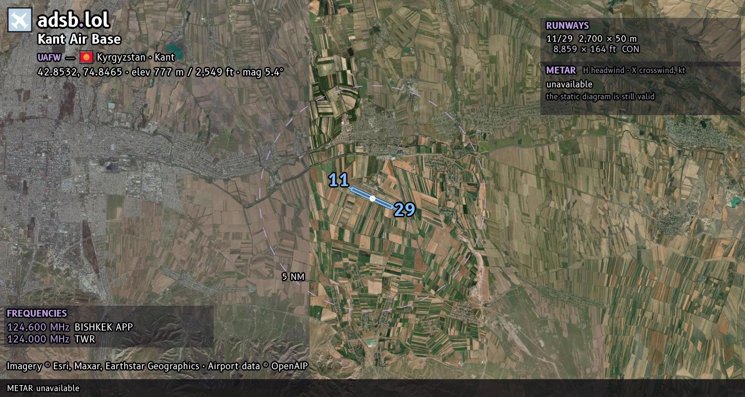 Satellite map with the runway layout of Kant Air Base (UAFW)