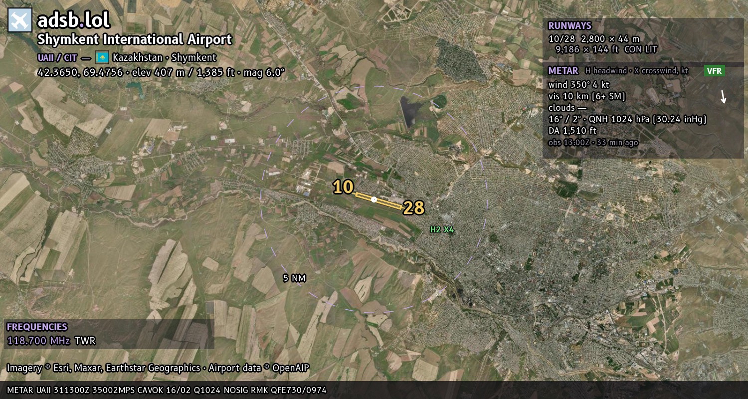 Satellite map with the runway layout of Shymkent International Airport (UAII)
