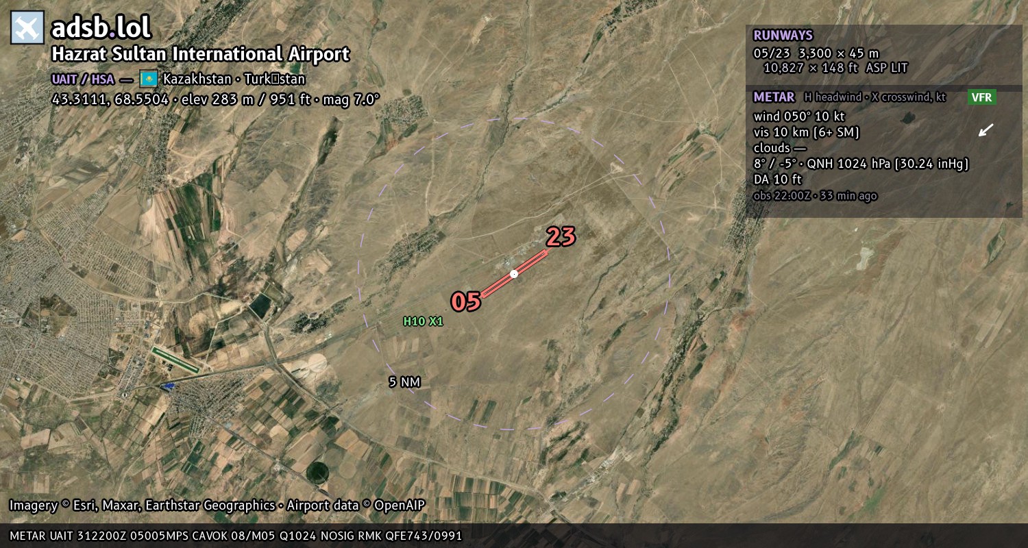 Satellite map with the runway layout of Hazrat Sultan International Airport (UAIT)