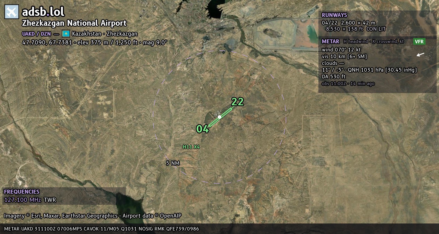 Satellite map with the runway layout of Zhezkazgan National Airport (UAKD)