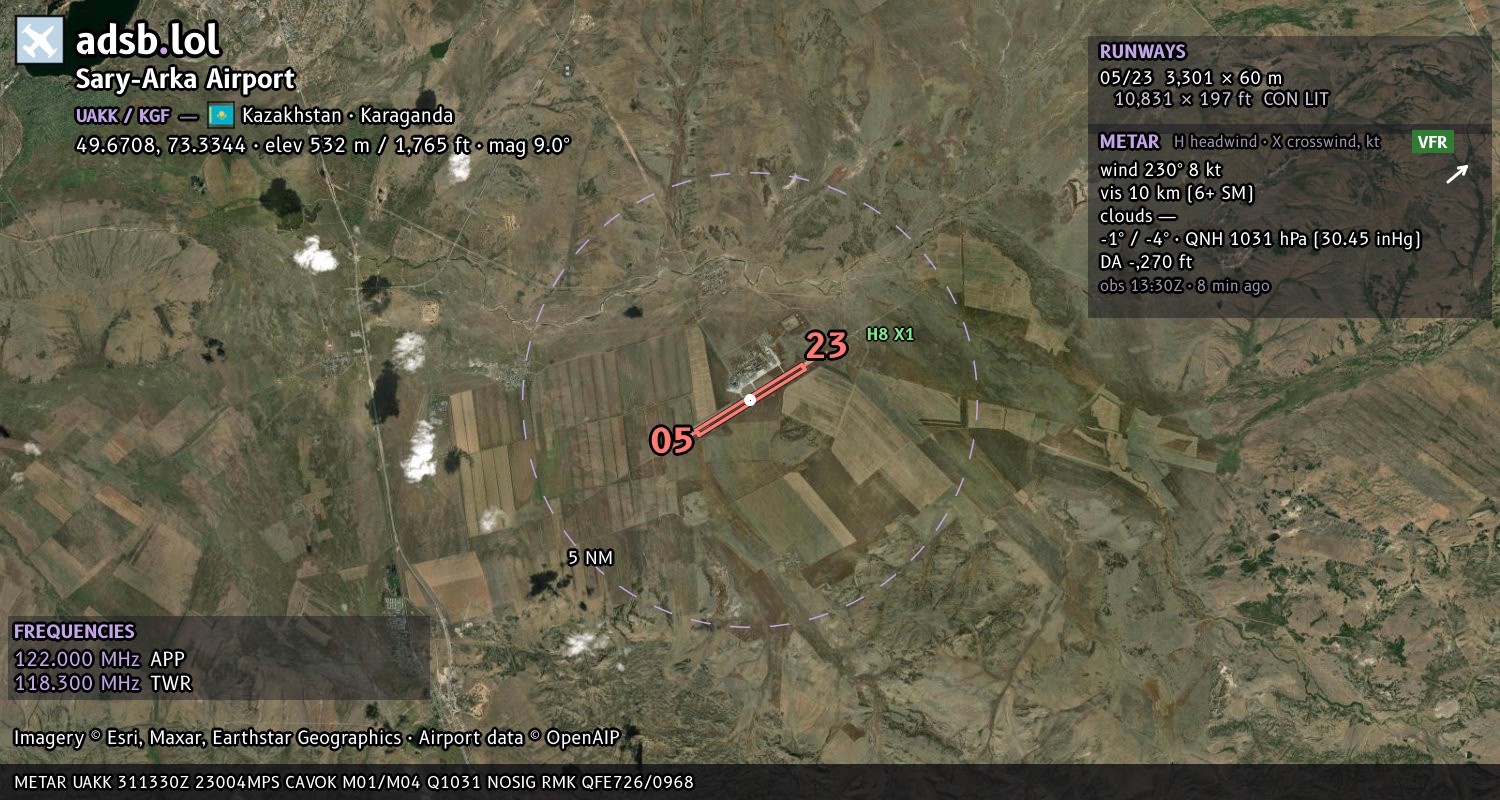 Satellite map with the runway layout of Sary-Arka Airport (UAKK)
