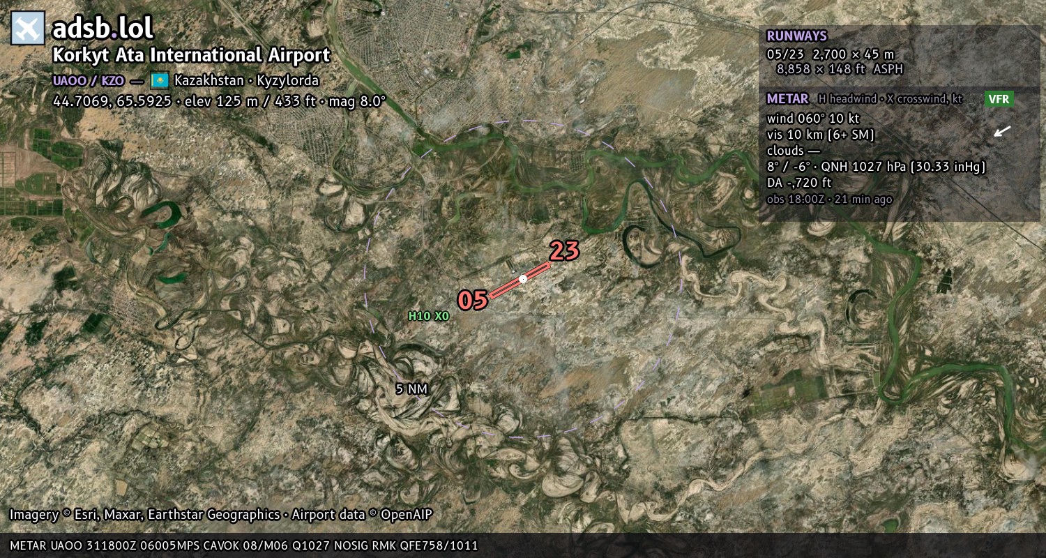 Satellite map with the runway layout of Korkyt Ata International Airport (UAOO)