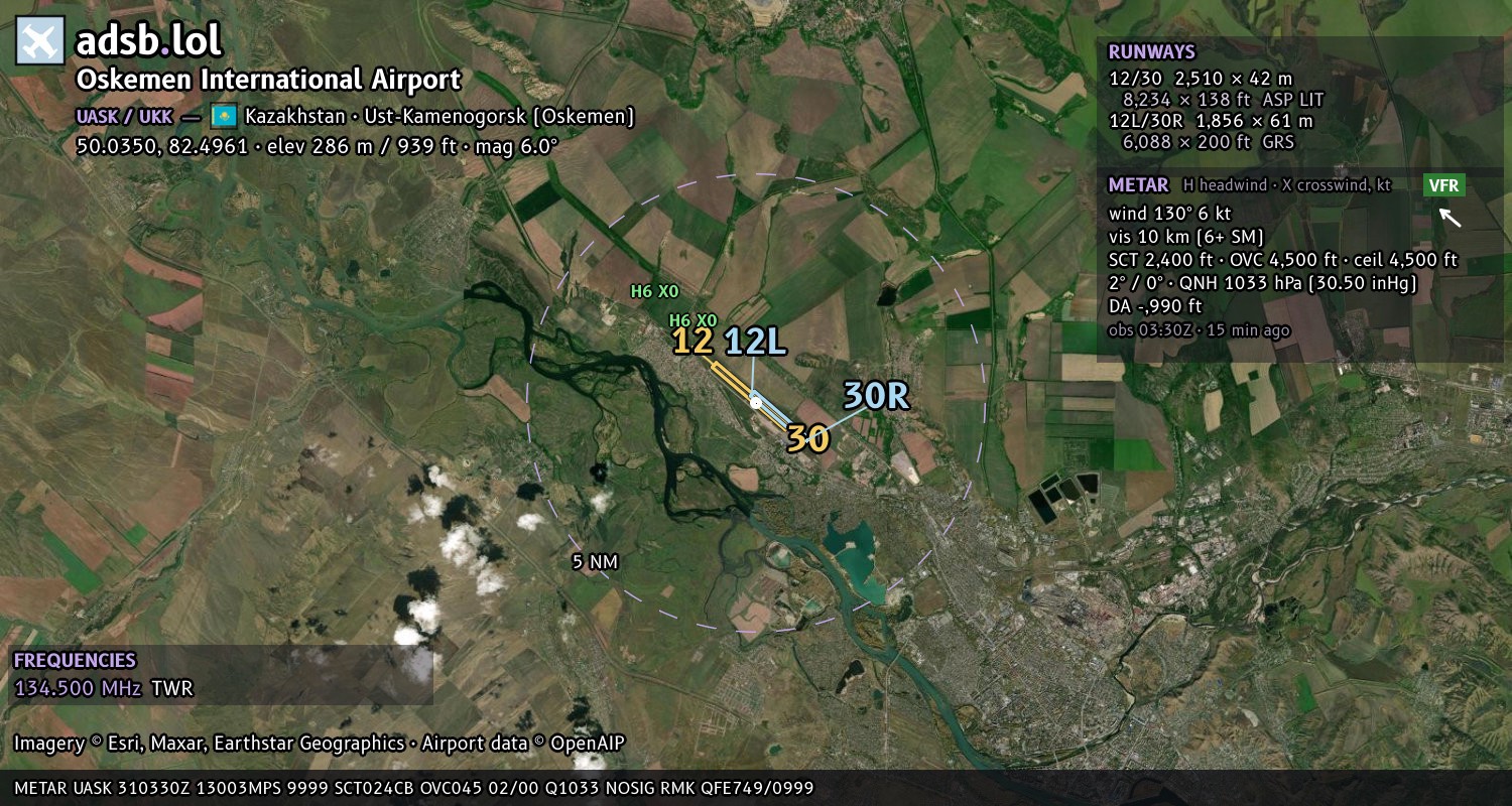 Satellite map with the runway layout of Oskemen International Airport (UASK)