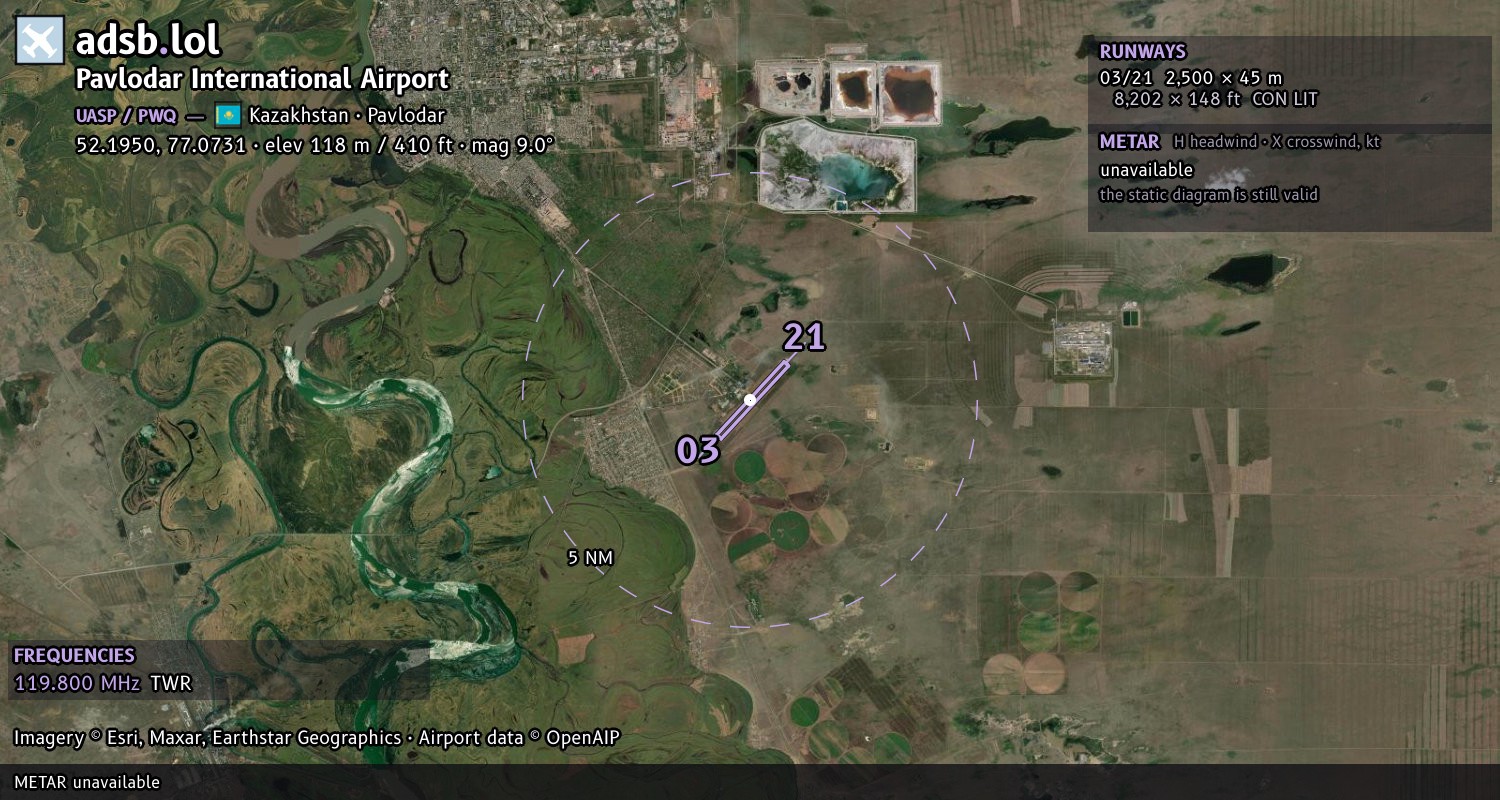 Satellite map with the runway layout of Pavlodar International Airport (UASP)
