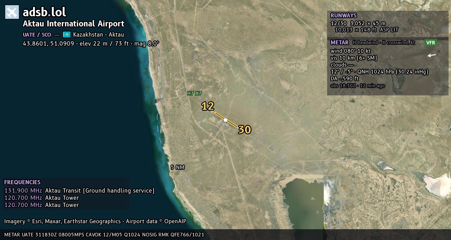 Satellite map with the runway layout of Aktau International Airport (UATE)