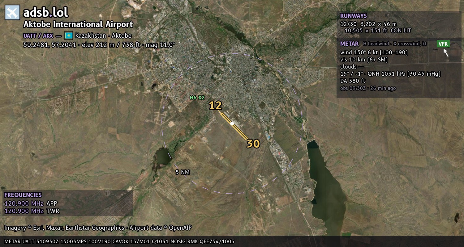 Satellite map with the runway layout of Aktobe International Airport (UATT)