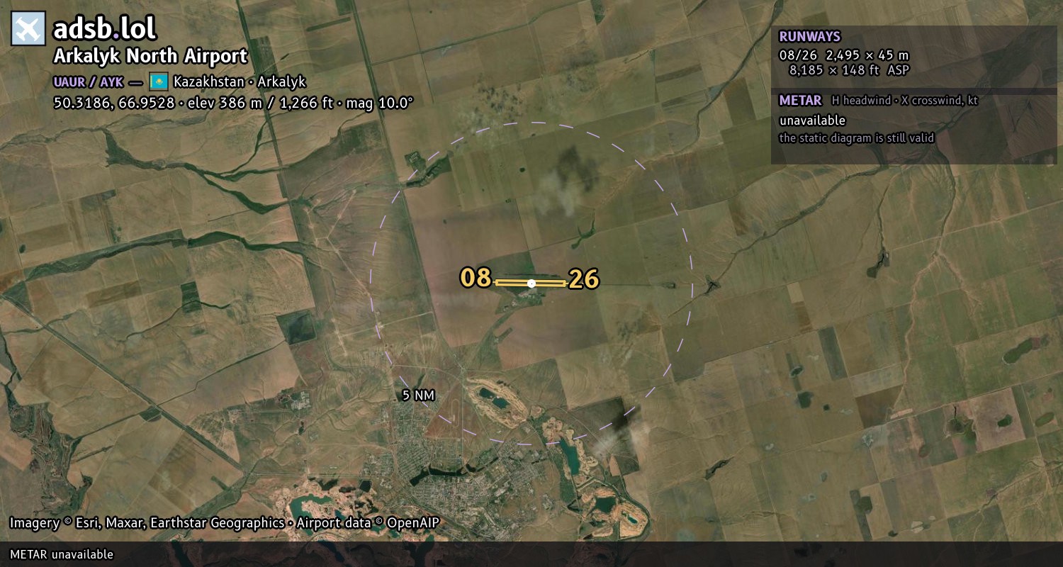 Satellite map with the runway layout of Arkalyk North Airport (UAUR)
