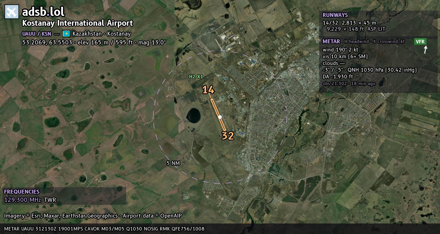 Satellite map with the runway layout of Kostanay International Airport (UAUU)