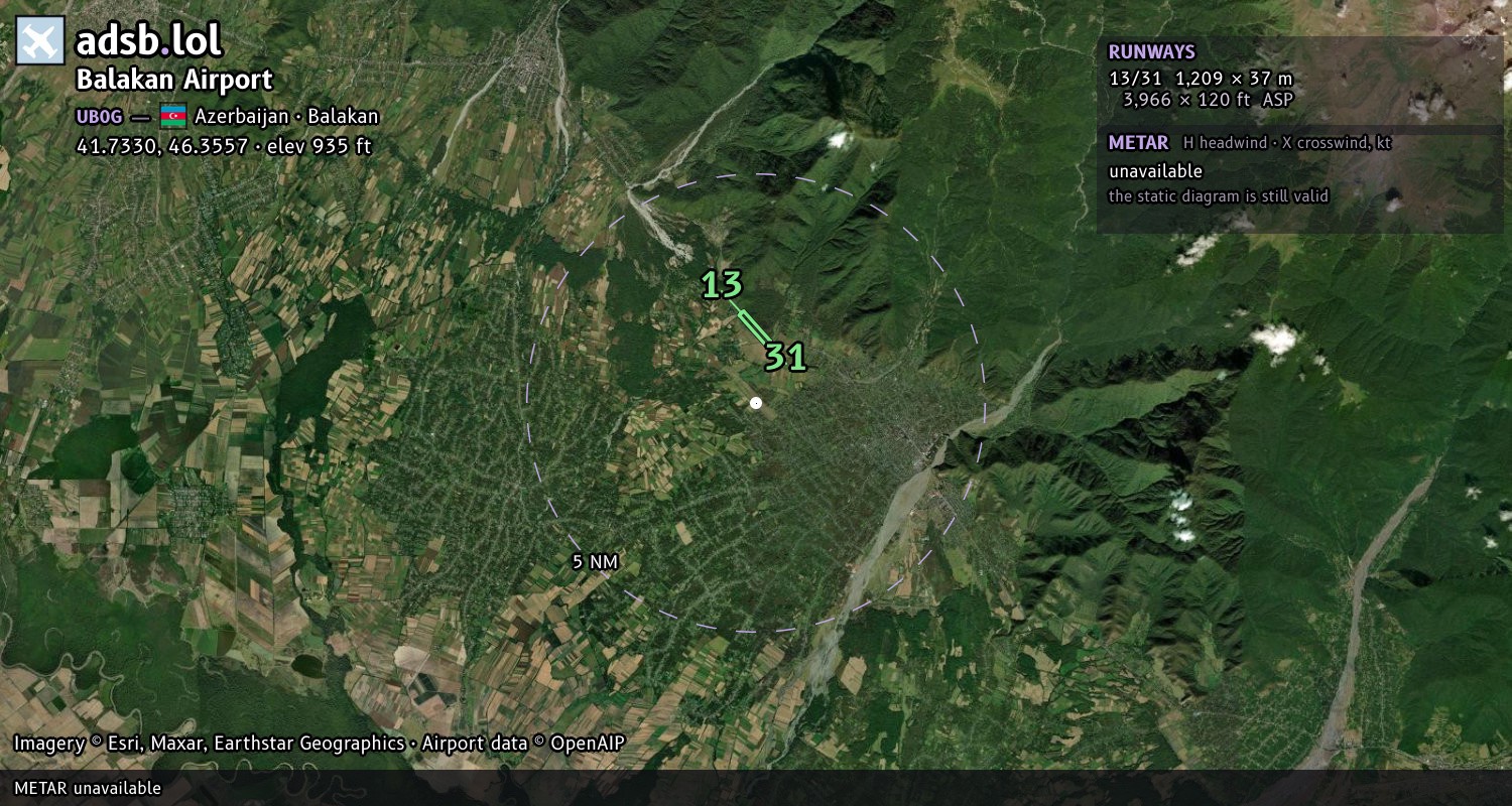 Satellite map with the runway layout of Balakan Airport (UB0G)