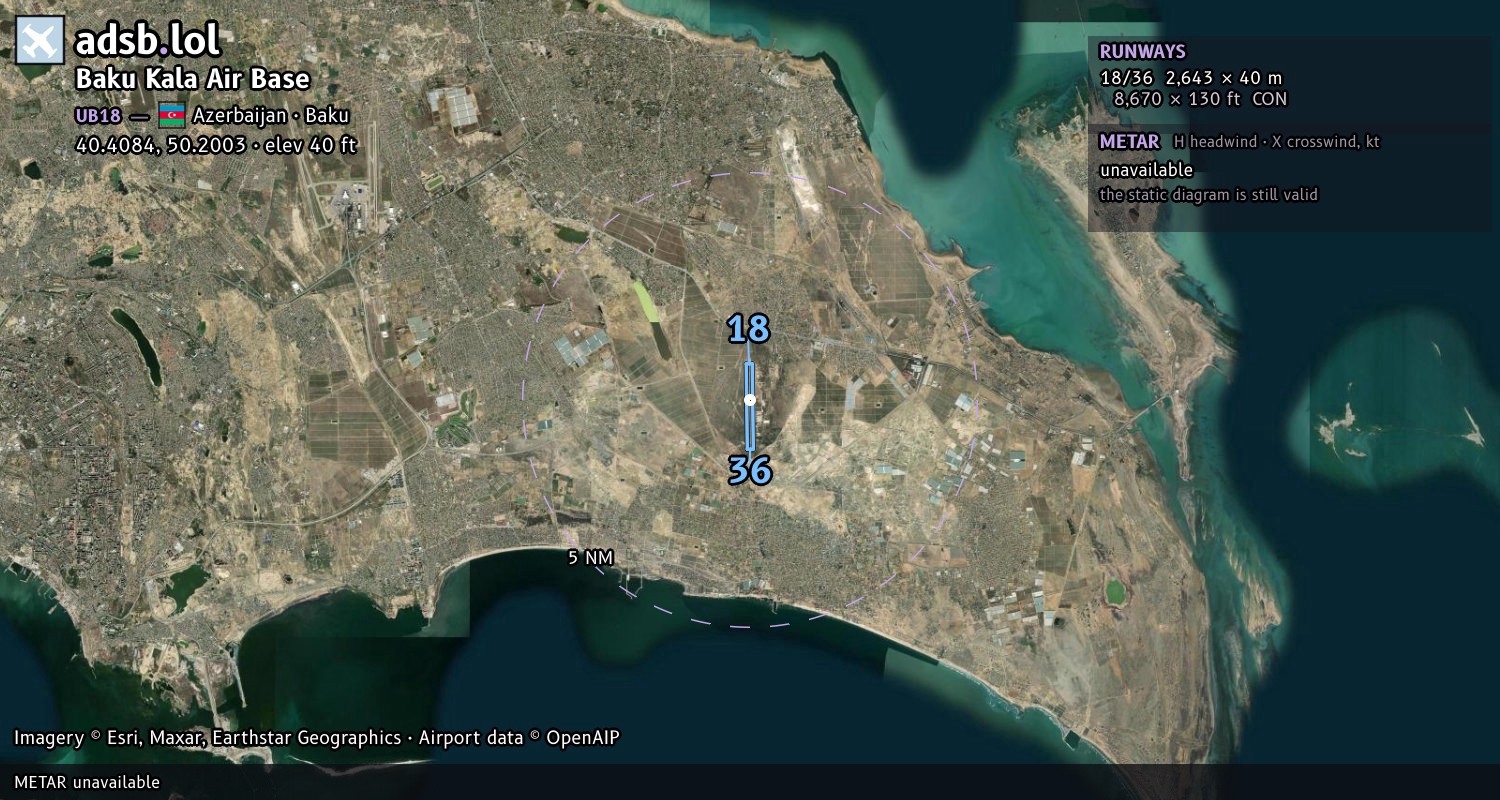 Satellite map with the runway layout of Baku Kala Air Base (UB18)